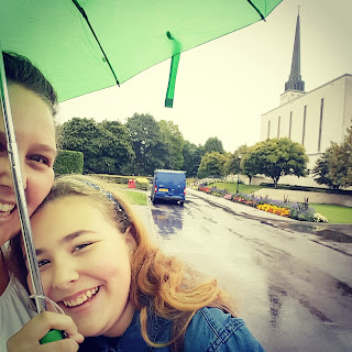 PippaD and Top Ender at the London LDS Temple in the Rain