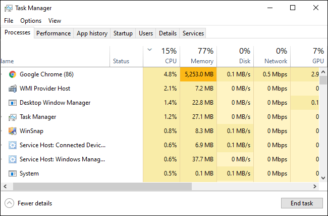 يعرض مدير مهام Windows 10 العمليات الجارية.