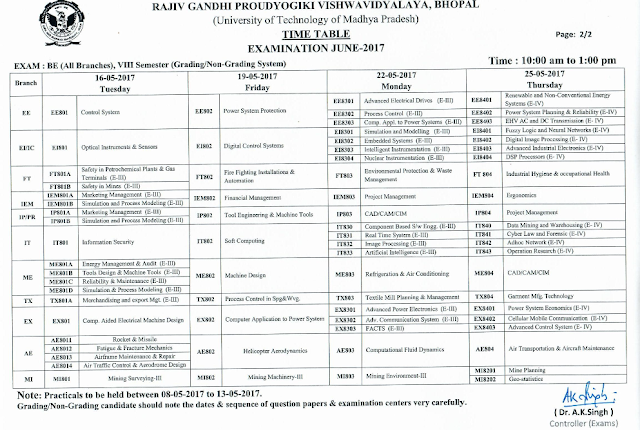 RGPV B.E 8th Semester Examination Time Table 2017