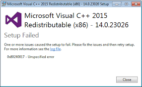  Mengatsi error Microsoft visual c++ 2015 setup failed