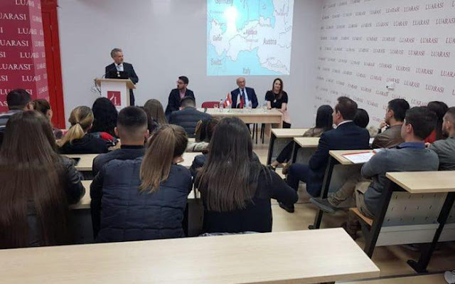 Austrian Ambassador Johan Sattler presents the scholarship project in Tirana