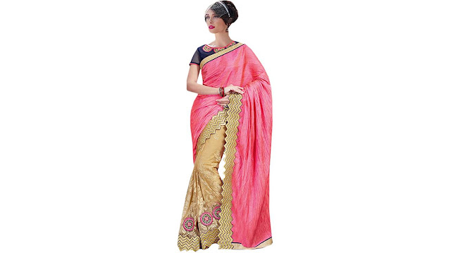 Odhni Embroidered Bollywood Net, Silk Saree  (Pink, Beige)