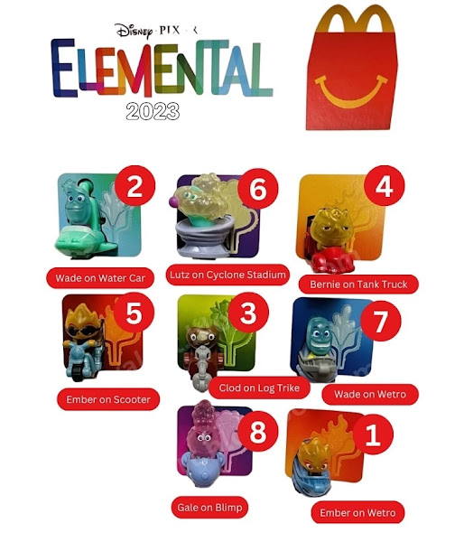 Elemental McDonalds Toys 2023 Happy Meal Toy Set of 8 includes 1. Ember on the Wetro, 2. Wade on the Water Car, 3. Clod on the Log Trike, 4. Bernie on the Tanker Truck, 5. Ember on the Scooter, 6. Lutz on the Cyclone Stadium, 7. Wade on the Wetro and 8. Gale on the Blimp