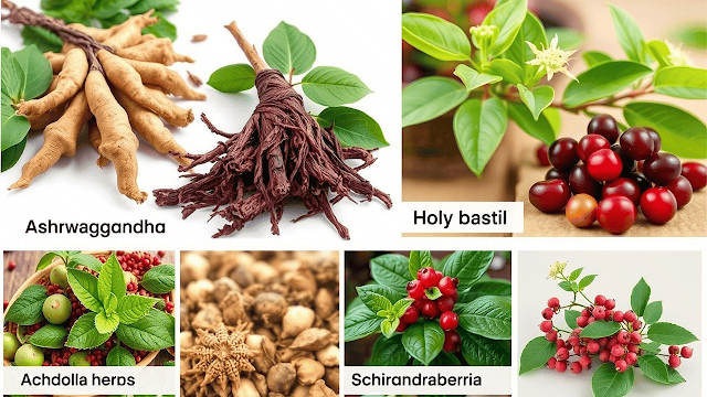 A collage showcasing the four key adaptogens (Ashwagandha, Rhodiola, Holy Basil, Schisandra) in their natural forms, alongside images depicting their traditional uses in different cultures.