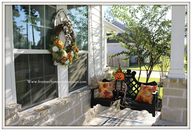 Fall- Porch-Swing-Scarecrow-Hydrangea-wreath-From My Front Porch To Yours