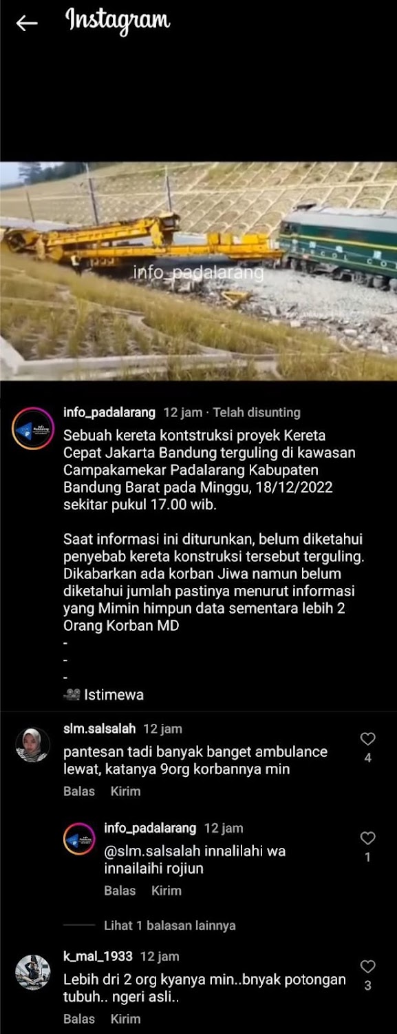 Sebuah unggahan mengenai adanya rangkaian kereta yang disebut digunakan untuk membangun in Kereta Teknis di Proyek Kereta Cepat Jakarta-Bandung Alami Kecelakaan, Terguling !!!