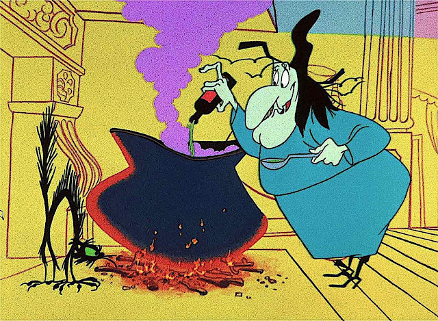 a Bugs Bunny animation still showing a witch at her cauldren