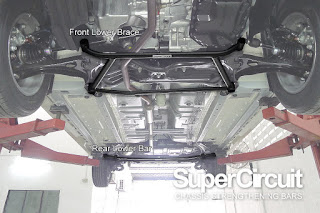 Perodua Axia Under carriage with the SUPERCIRCIUT Front Lower Brace and rear lower bar installed.