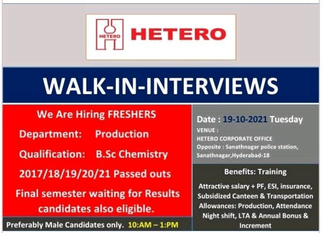 Job Availables,Hetero Walk-In-Interview  For B.Sc Chemistry