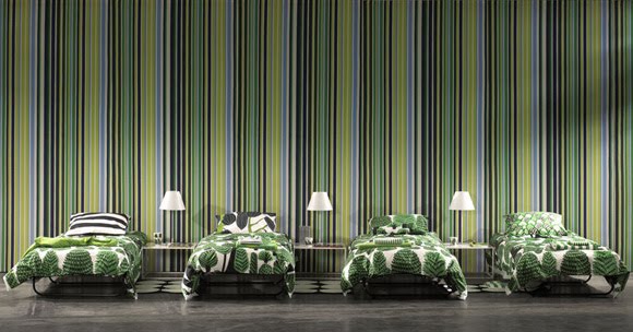 green stripes wallpaper. The striped wallpaper pulls all the colors together and creates a visual 