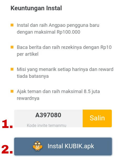 Download aplikasi Kubik News dengan cara klik tombol "Instal Kubik.apk" atau bisa juga melalui PlaySore.