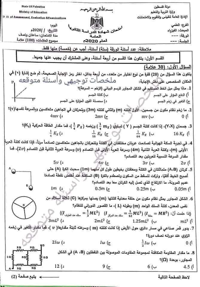 امتحان الفيزياء الوزاري للتوجيهي+الاجابات  4-6-2020 علمي+صناعي