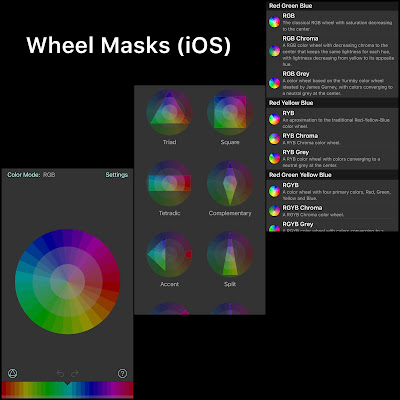 Screenshot images from the Wheel Masks color palette generating app are positioned side by side to give the viewer an idea of how the app functions.