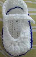 Sweet Nothings crochet free crochet pattern blog ; close up photo of one of the pair of shoes for the Nautical inspired sets in blue and white