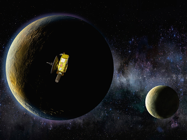 Art depicting the New Horizons spacecraft as it passes Pluto