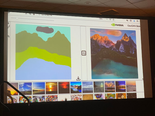 Image of two screens side by side. left with a childish idea of a lake and mountain, the right an AI realistic painting created from the childs image