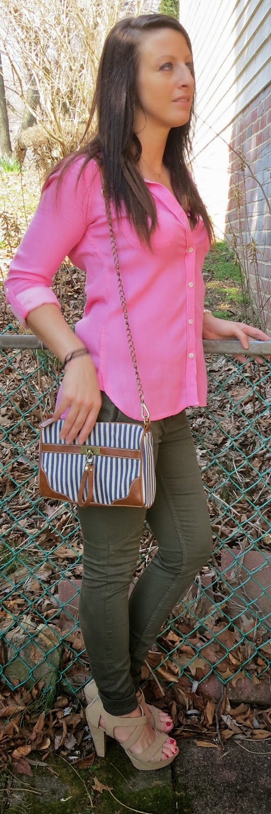 striped bag, nila anthony, target, olive pants, zara, pink blouse, fashion, outfit