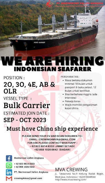 Job Pelaut 2nd 3rd Officer, 4E, AB dan Oiler Kapal Curah Sept 2023