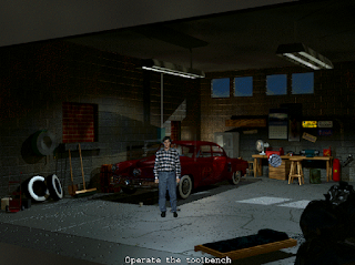 Inside a garage in Harvester, a point-and-click horror adventure.