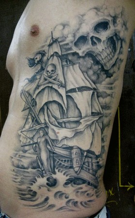 Ship Tattoos on Pirate Ship Rib Tattoo Design