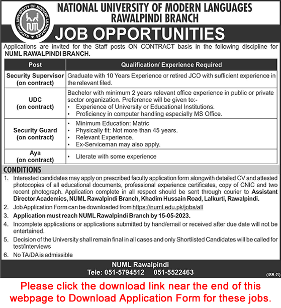 NUML University Rawalpindi Jobs 2023