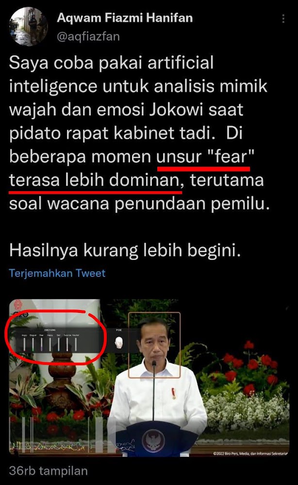 Presiden Joko Widodo atau Jokowi menyampaikan pidato dalam Sidang Kabinet Paripurna yang ANALISA Pakai AI (Artificial Inteligence) Mimik Wajah Jokowi Saat Pidato Penundaan Pemilu... Unsur Fear (ketakutan) Terasa Lebih Dominan
