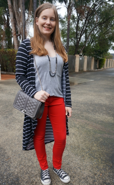 stripe duster with red skinny jeans, grey tee and Rebecca Minkoff love bag | AwayFromBlue
