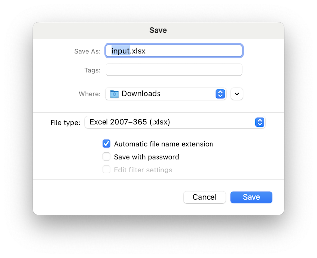 檔案類型 (File type) 要選「Excel 2007-365 (.xlsx)」，再按「Save」按鈕