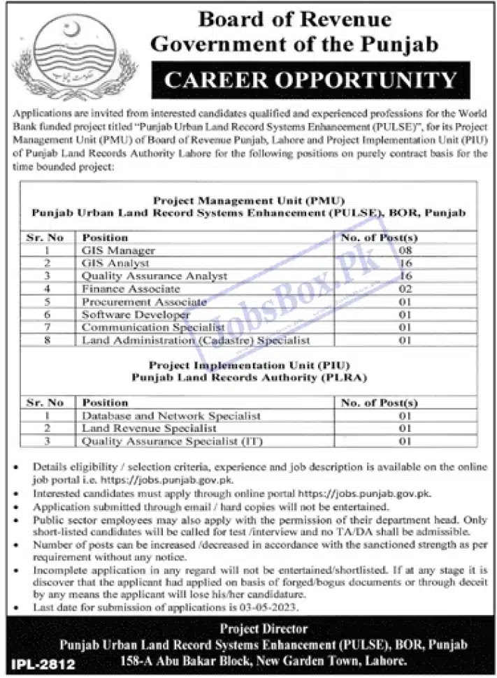 Board of Revenue Punjab Jobs Advertisement 2023