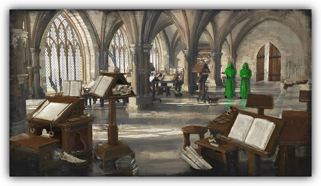 Scriptorium with Monks in Green