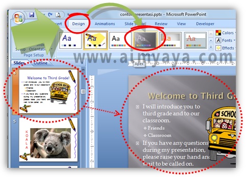  Gambar:  Memilih sebuah tema tampilan di microsoft powerpoint