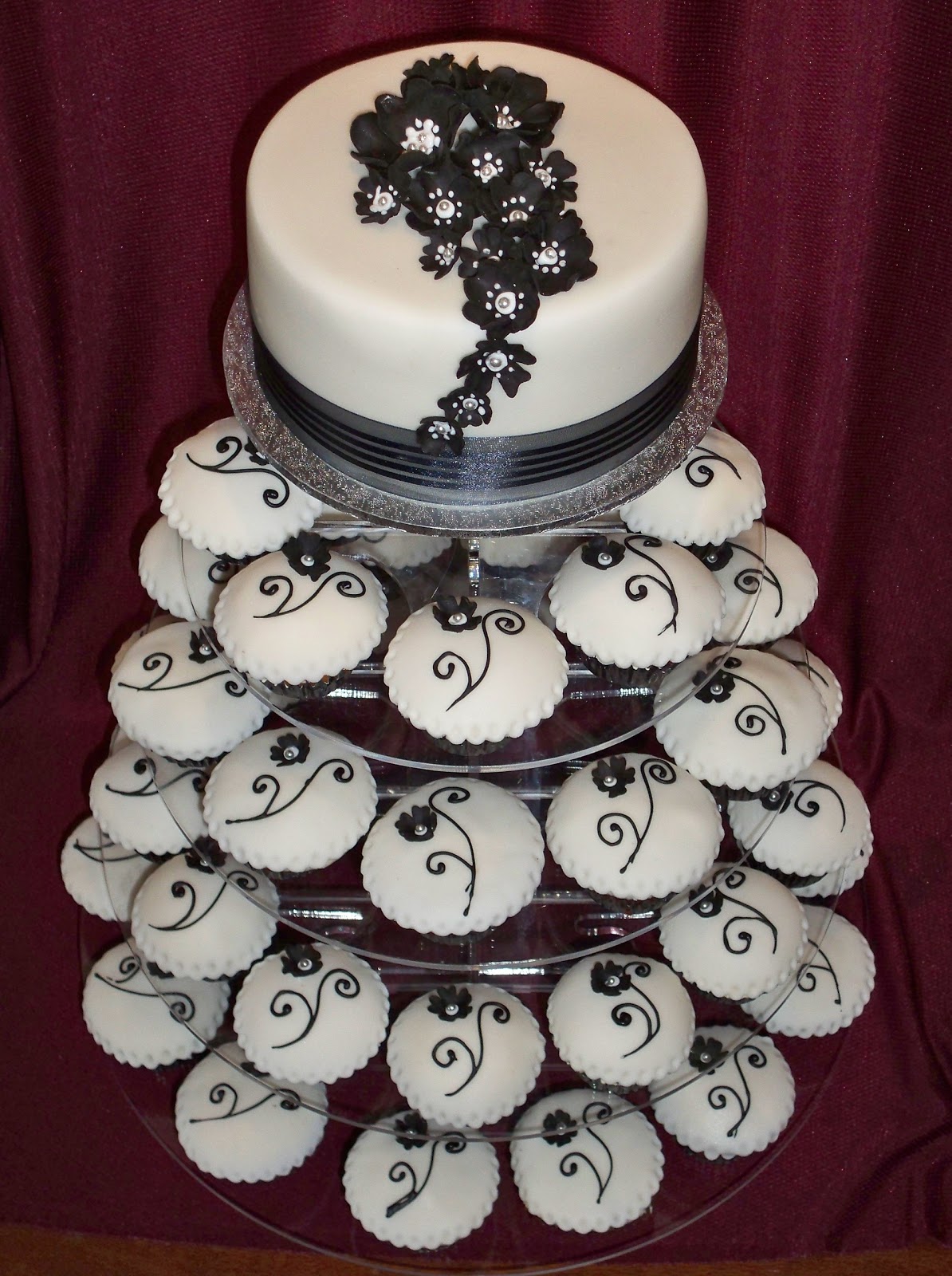 black and white cupcake tower