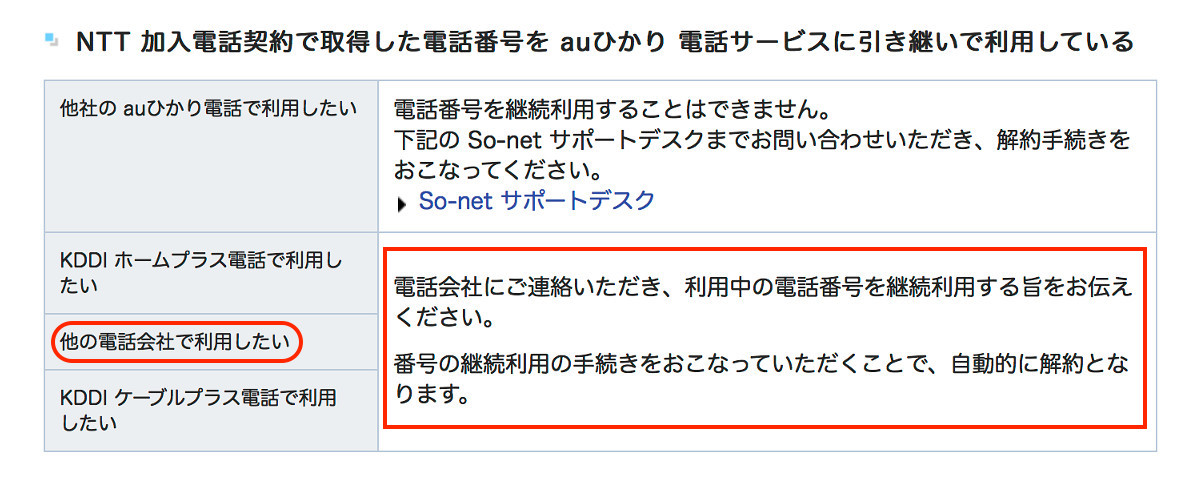 Au光解約_電話番号の継続利用を希望する