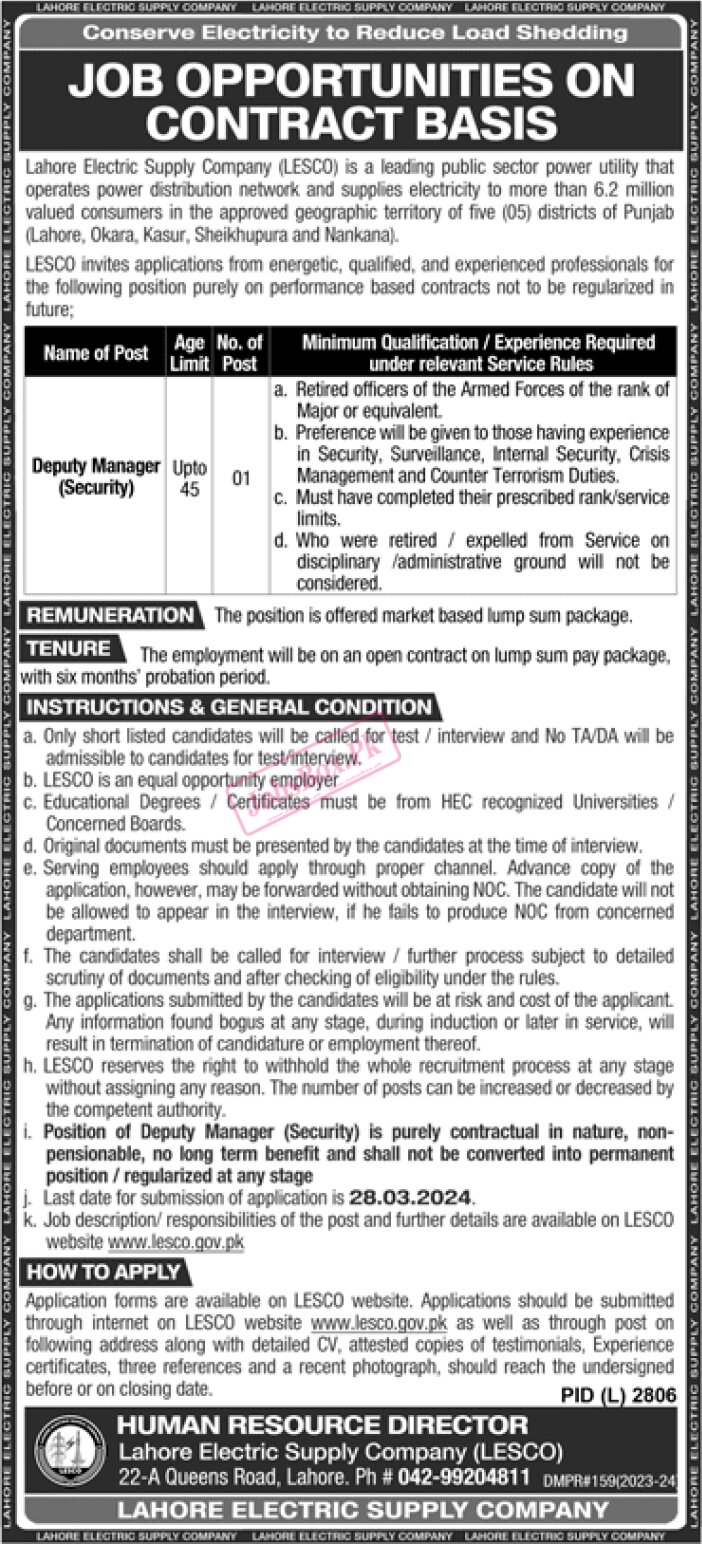 Lahore Electric Supply Company - LESCO Jobs 2024