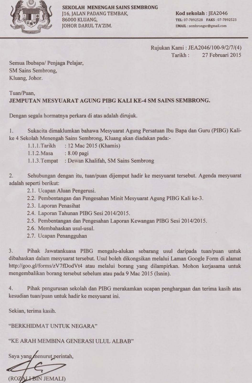 SM SAINS SEMBRONG: SURAT JEMPUTAN MESYUARAT AGUNG PIBG 