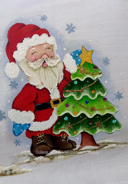 pintura natalina papai noel com árvore de natal 