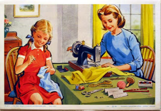 old fashioned illustration of mother and daughter sewing