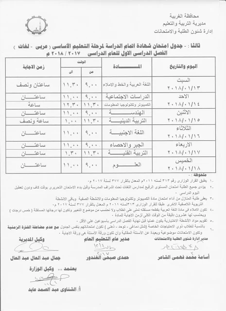 بالصور جداول امتحانات الترم الاول حافظة الغربيه 2018 جميع المراحل (ابتدائيه واعداديه وثانويه)