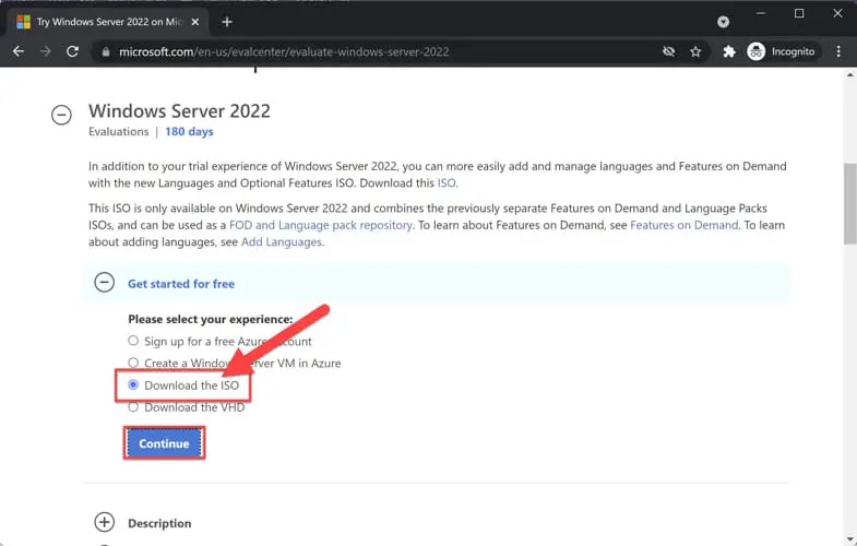 Select your experience Windows Server 2022 download