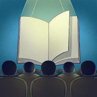An illustration depicting a movie theater audience watching a giant open book instead of a screen.