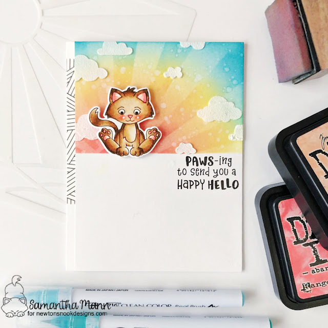 Kitten Hello card by Samantha Mann | Smitten Kittens Stamp set, Sunscape Stencil, and Cloudy Sky Stencil by Newton's Nook Designs