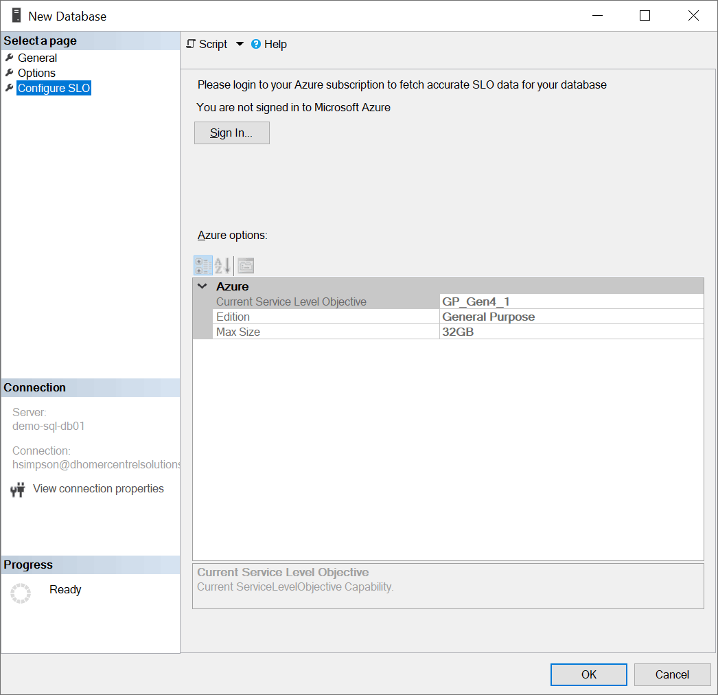 SQL Server Management Studio New Database Configure SLO not signed in