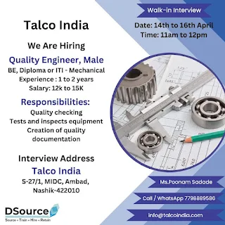 ITI, Diploma, And BE Jobs vacancies in Talco India for Quality Engineer Posts | Walk-in-Interview