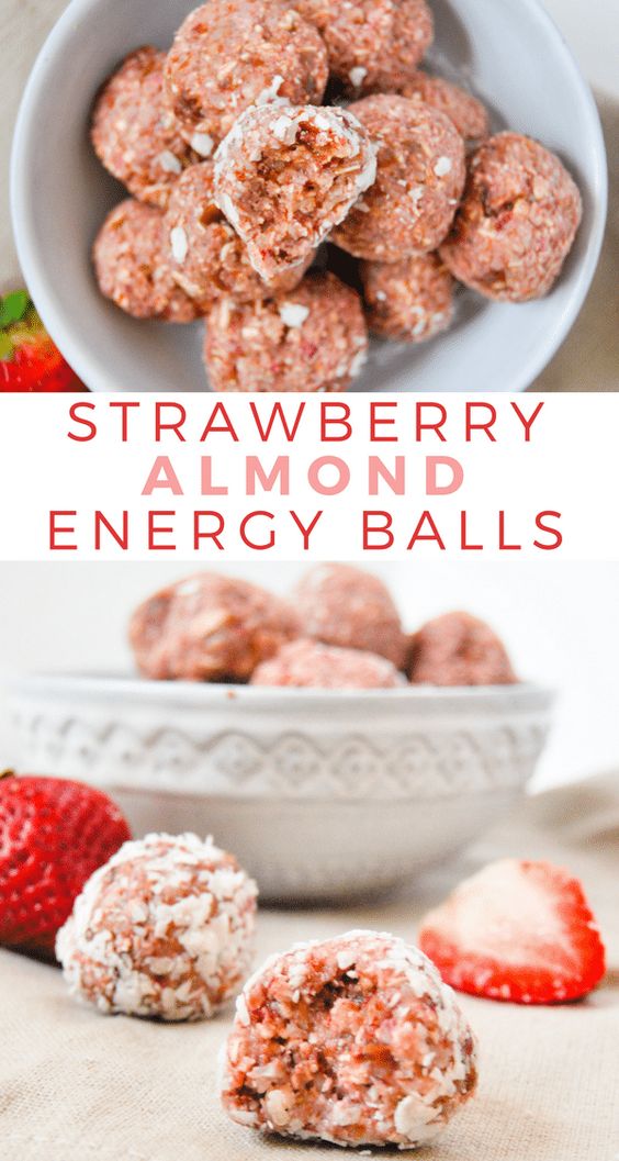 These strawberry almond energy balls are jam packed with healthy ingredients, and they only take 5 ingredients and 5 minutes to make. #energyballs #strawberryrecipes #strawberryalmond #energybites #vegandessert #summerrecipes #mealprep