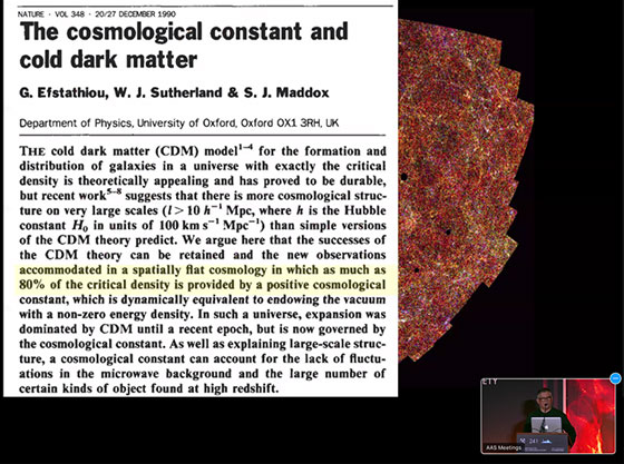Astronomer George Efstathiou and 1990 dark matter press release (Source: G. Efstathlou, AAS241)