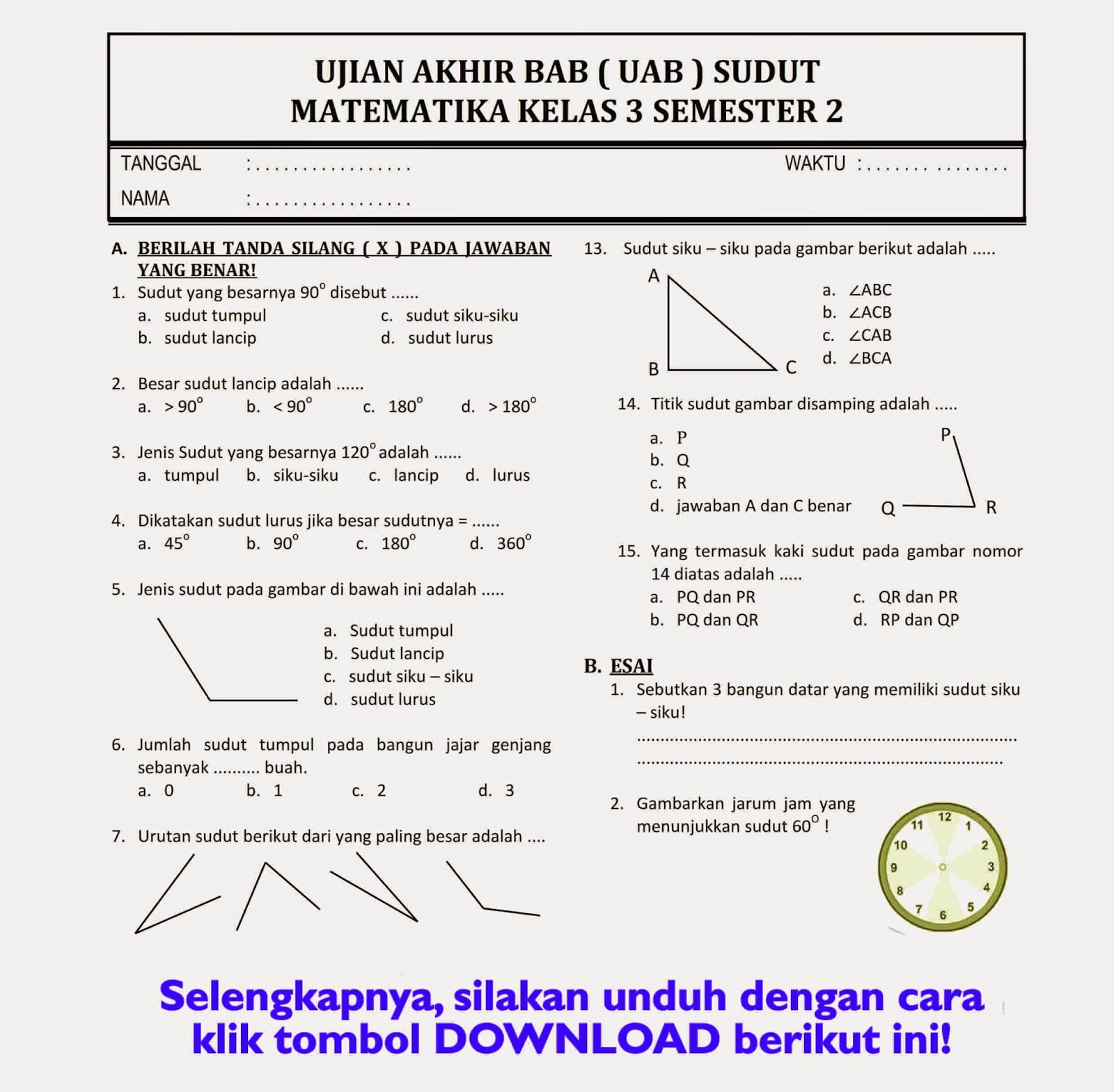 Download Ujian Akhir Bab Matematika Kelas 3 Semester 2