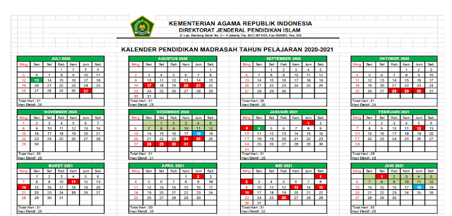Kalender Pendidikan 2020 2021  Madrasah Jawa Timur Excel 