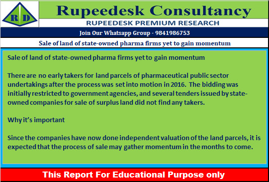 Sale of land of state-owned pharma firms yet to gain momentum - Rupeedesk Reports - 22.09.2022