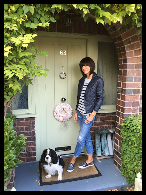 My Midlife Fashion, Marks and Spencer Faux leather quilted biker jacket, hush stripe jumper, Boden sparkly slip ons