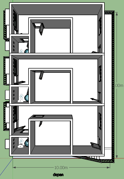 DESAIN SKETCHUP rumah sewa 6 pintu di lahan 10 x 15 m